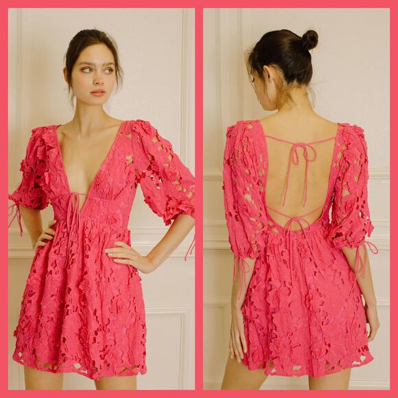 Storia Dresses & Skirts - Storia Hot Pink Floral Eyelet Mini Dress Large NWT